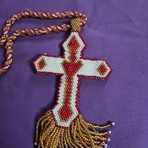 Elegant Beaded Cross Necklace with Red and Gold Accents